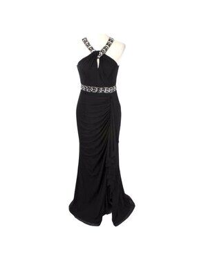 Y2K Cache Black Halter Beaded Evening Gown Open Back Mermaid Dress Size 2